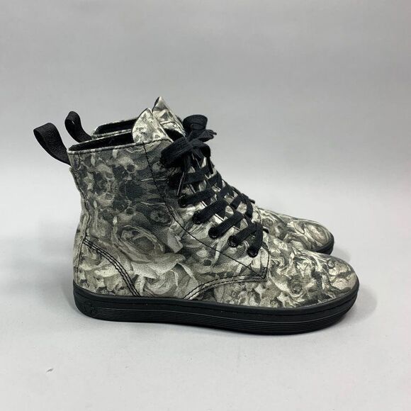 Dr. Martens Boots Women's Size 6 Black Grey Floral Canvas Lace Up Ankle Combat - Picture 1 of 11